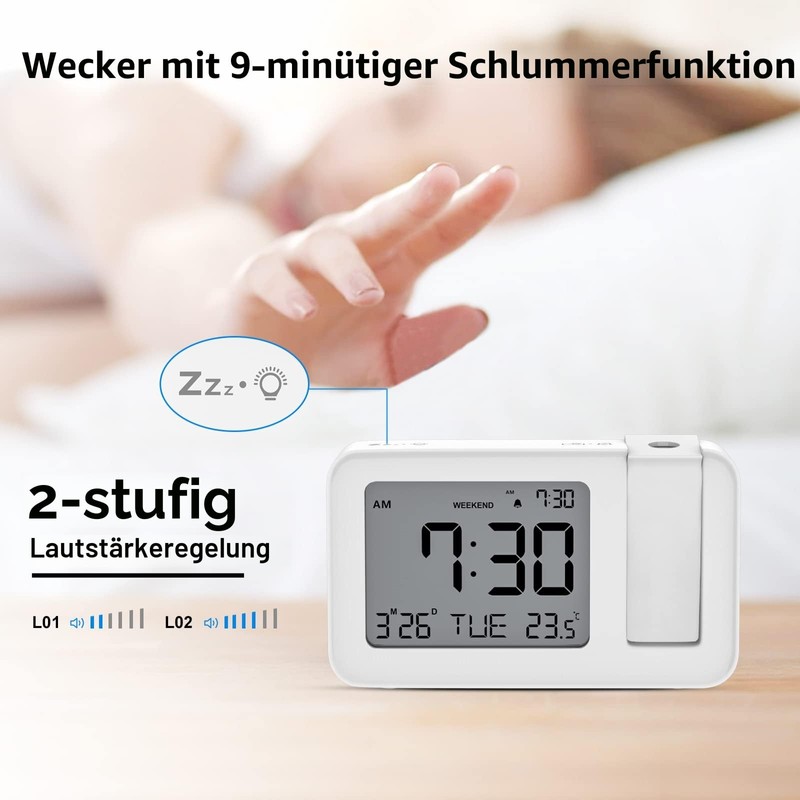 CHEREEKI Projection Alarm Clock, Alarm Clock with Indoor Temperature, 4