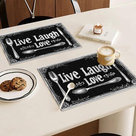 Black and White Placemats Set of 4, Live Laugh Love Table Mats Washable Place Mats for Farmhouse Home Party Kitchen Dining Indoor Outdoor Restaurants 12x18 Inch