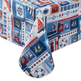 Newbridge Blue Nautical Sailboats and Lighthouses 60 x 120 Inch Rectangle Vinyl Flannel Backed Tablecloth, Patchwork Indoor Outdoor Holiday Dining Vinyl Flannel Backed Table Cover
