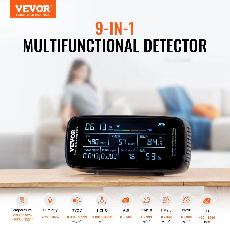 9 In 1 Air Quality Monitor CO2 PM2.5 Temp Humidity