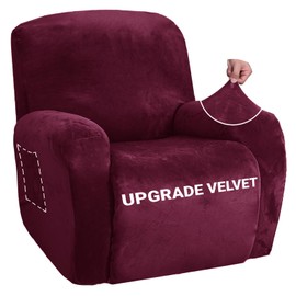 ZNSAYOTX Stretch Velvet Recliner Cover 4-Pieces, Thick Soft Recliner Chair Slipcover with Pocket, Non-Slip Elastic Bottom for Kids Pets, Luxury Plush Reclining Protector Comfy Washable (Wine Red)