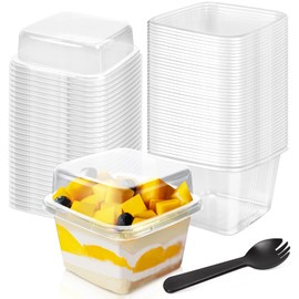 Neworkg 50 Pack Dessert Cups with Lids and Sporks, 8 Oz Plastic Square Parfait Cups, Disposable Containers for Cupcake, Yogurt, Fruits and More