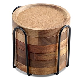 Wood Coasters for Drinks Absorbent with Holder, Set of 6, Acacia Wood Cork Coaster Rustic Coasters, Coffee Table Dining Table Wooden Table Coasters Absorbent and Insulation Cork Stackable Cup Holders