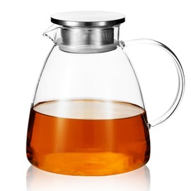 68OZ/2000ML One Touch Glass Teapot with Stainless Steel Filter Lid, Stovetop & Microwave Safe Tea Maker Water Kettle, Strainer & Cover 2 in 1 Loose Leaf Tea Steeper Pot Coffee Carafe