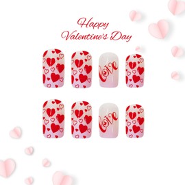 Press on Nails Medium Square Fake Nails Red Heart Acrylic Nails Pink Ombre Translucent Artificial False Nails Letter Designs Stick on Nails for Women 24 Pcs