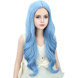 Child Lake Blue Wig Kids Long Middle Part Wig Girls Blue Wavy Curly Wigs Heat Resistant Synthetic Wigs with Wig Cap