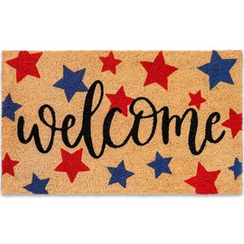 Whaline Patriotic Natural Coir Door Mat 4th of July Red Blue Star Welcome Mat Non-Slip Independence Day Entrance Door Rugs for Indoor Outdoor Home Bathroom Decor, 16.5 x 29 Inch