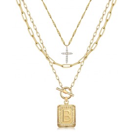 MJartoria Layered Initial Necklaces for Women Trendy, 14K Gold Plated Simple Cross Choker Square Letter Pendant Necklace, Paperclip Chain Necklace, Gold Necklaces Jewelry Gifts (B, Gold)