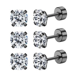 Mochity 3 Pairs of Earrings Gold Sliver Black, Zirconia Stud Earrings, Hypoallergenic Earrings Set for Men and Women, Cartilage Stud Earrings, 316L Stainless Steel Stud Earrings, 3/4/5 mm, Stainless