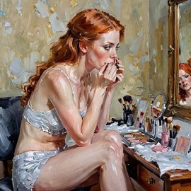 ACEO  Redhead applying Lipstick, Her Alter Ego watches from the Mirror