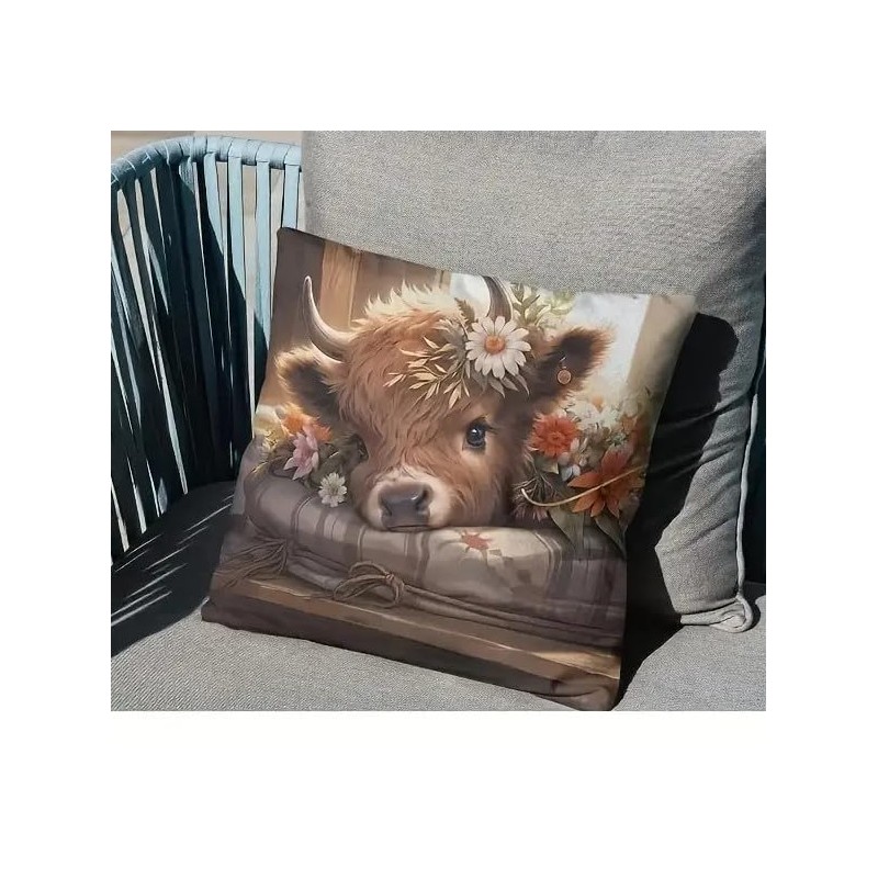 Highland Cow Floral Decorative Throw Pillow Cover, 45 x 45