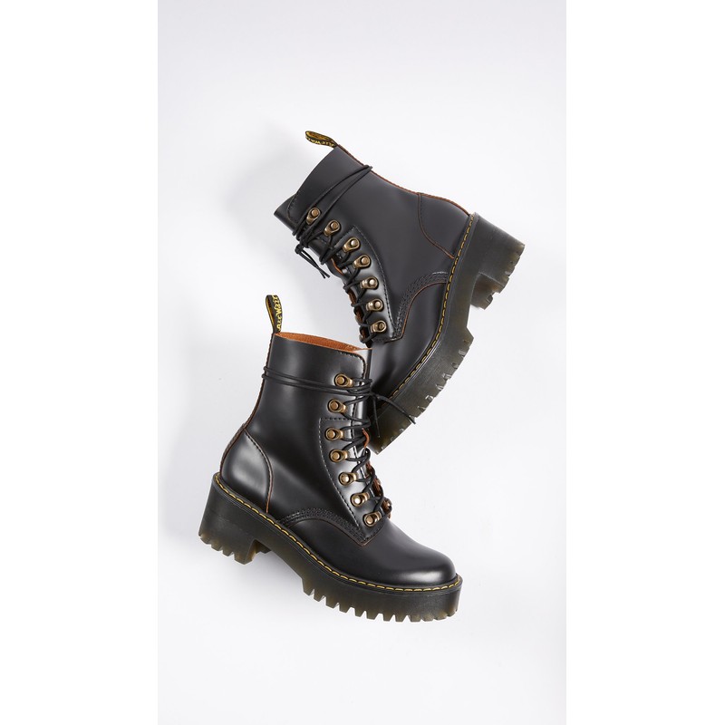Dr. Martens Women's Leona Leather Heeled Boot, Black Smooth, 11