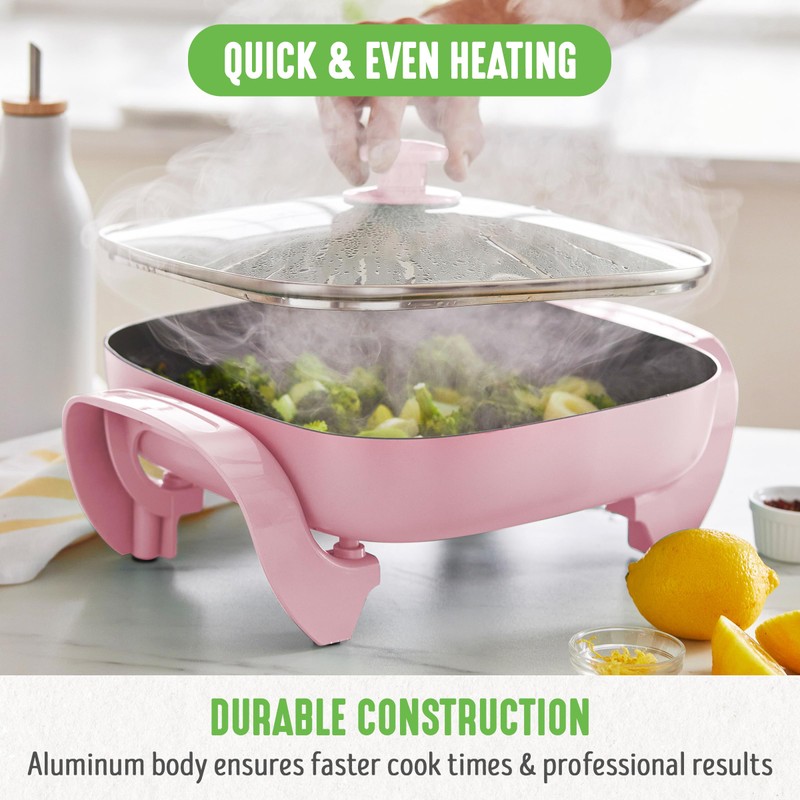 GreenLife12" 5QT Square Electric Skillet, Glass Vented Lid, Ceramic PFAS-Free
