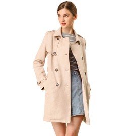 Allegra K Women's Faux Suede Trench Coat Notched Lapel Double Breasted Jacket with Belt Medium Apricot