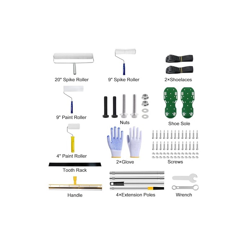 Self-Leveling Tool Kit with Rake, Spiked Roller, Spiked Shoes and