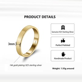 HeyMeili Engagement Ring 925 Sterling Silver Women's Promise Ring Marriage Wedding Ring Stacking Rings Jewellery Gifts for Her, Ring Width 3mm, 14k Gold Plated