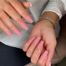 KQueenest Matte Rose Pink Press on Nails Long Medium Square, Fake Nails Press ons, Glue on Nails Coffin For Women, Natural Gel Square Tip Nails, Acrylic False Nails for Finger Decoration