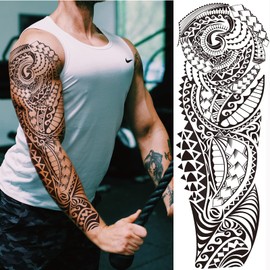 Briyhose Tribal Totem Temporary Tattoo Sleeve For Men Women Full Arm, Large Hawaiian Turtle Viking Tree Fake Tattoo Sticker Adult, Long Lasting Full Leg Temp Tatoo Polynesian Makeup Body Art, 4-Sheet