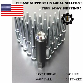 TJF AUTO 20PC CHROME 14X2 CONICAL SEAT SPIKE LUG NUT 6" TALL FIT F150 NAVIGATOR EXPEDITIO