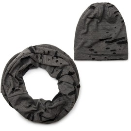 styleBREAKER Loop Tube Scarf and Beanie Hat set in vintage destroyed used look, unisex 01018209 - dark grey