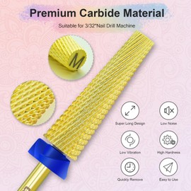 Depvko Super Long 5 in 1 Nail Drill Bits, 3/32'' Carbide Tungsten Bits, Two Way Rotate Professional Advanced Safety Bits for Nail, Fast Remove for Manicure Pedicure (Long 5in1-Gold, Medium-M)