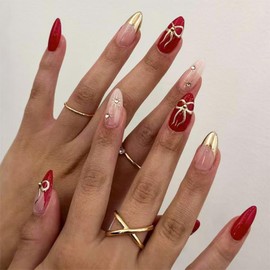 Bow Star Press on Nails Red Fake Nails with Rhinestone Design Gold French Tip Glue on nails Medium Almond False Nails Glossy Artificial Acrylic Full Cover Stick on Nails for Women Manicure 24Pcs