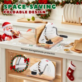 Huanyu Manual Bread Slicer Upgrade Foldable Sourdough Cutter Versatile Hand Crank Slicers Stainless Steel Blade Adjustable Thickness with Scale Line&Suction Cup for Homemade & Commercial Use (White)