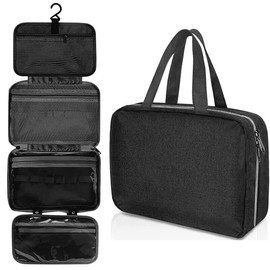 ZiaWorld Travel Toiletry Bag with Hanging Hook, Waterproof Foldable Large Capacity Travel Makeup Bag Organizer, Women & Men Toiletries Bag for Large Full Sized Essential Accessories Cosmetics, Black