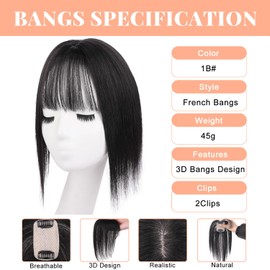 Mscat Bangs Hair in Clip 50% Human Hair Mixed Extensions Fake French Bangs for Women Fringe with Temples Hairpieces Curved Bangs for Daily Wear (Natural Black, French Bangs)
