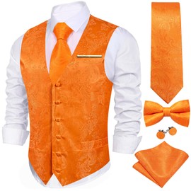 YOHOWA Men's 6-Piece Waistcoat Set with Tie Pocket Square Cufflinks and Pin Paisley Flower V-Neck in Silk Perfect for Formal or Casual Occasions