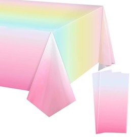 HugeDE 3 Pcs 137 x 274cm Pastel Rainbow Tablecloths Plastic Rectangle Table Covers Birthday Wedding Party Table Cloths for Baby Shower Decorations