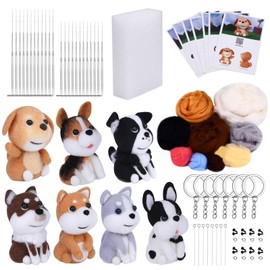 Fatiya 7 Pieces Dog Needle Felting Kit, Wool Felting Kit for Beginners Adult, Needle Felt Starter Kit Supplies with Needles Instructions Foam Pad Keychain for DIY Craft Animal Decor