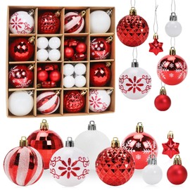 Christmas Baubles Red White 44 Pieces Christmas Tree Baubles Plastic Set, Christmas Decoration Baubles Star, Christmas Tree Decorations Large and Small, Christmas Tree Decoration