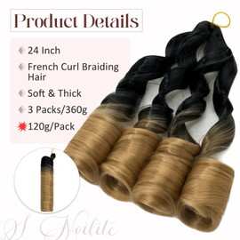 S-noilite French Curl Braiding Hair, 60 cm Loose Wavy Spiral Curly, Crochet Braiding Hair Extensions for Pre-Stretched Braiding Hair, 3 Packs 360 g, Black to Dirty Blonde