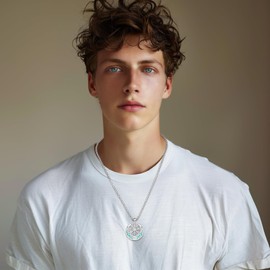 Viking Compass Necklace for Men Women 925 Sterling Silver Pendant Aegishjalmur The Helm of Awe Crescent Moonstone Celtic Knot Runes Amulet Turquoise Jewelry Gifts for Daily Wear Faith Lover