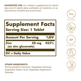 Solgar Zinc 50 mg, 100 Tablets - Zinc for Healthy Skin, Taste & Vision - Immune System & Antioxidant Support - Supports Cell Growth & DNA Formation - Non GMO, Vegan, Gluten Free - 100 Servings