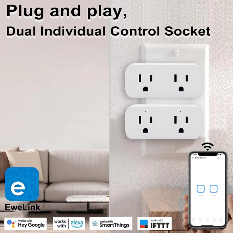 QIACHIP 16A WiFi Dual Smart Socket Outlet Plug 2 pack,Ewelink
