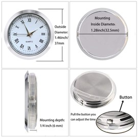 HILLHOME Mini Clock Insert 1 7/16 inch (37 mm) Round Quartz Movement Miniature Clock White Face Roman Numerals Fit 35 mm Diameter Hole (Silver)