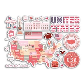 A5 Sticker Sheet United States Pink Landmarks Vinyl Stickers - America Map Airport Skyline Flag Travel Holiday Country City Aesthetic #80433