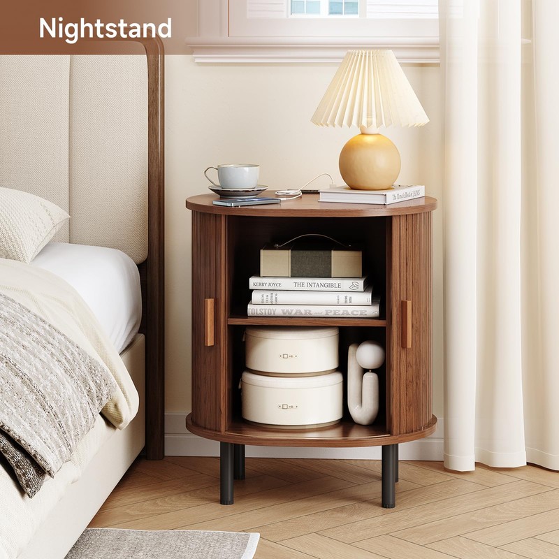 ONBRILL Oval End Table with Storage & Charging Station, Fluted