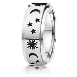 8MM Stainless Steel Spinner Ring for Women Men Sun Moon Stars Spinner Ring for Stress Relieving Men’s Anxiety Ring Band Jewelry Spinny Ring Size 9