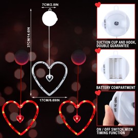 Baquler 5 Pcs Timed Valentine‘S Day Window Lights Hanging Red Heart Lights with Suction Cup Battery Operated Heart LED for Valentine‘S Day Anniversary Wedding Home Decor(Red)