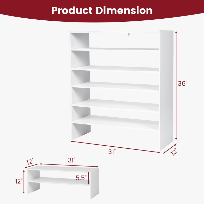 Tangkula 6-Tier Stackble Shoe Rack for Closet, Space Saving Wooden