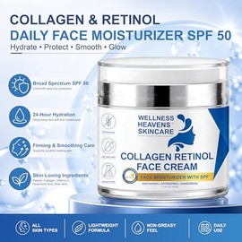 Crema facial de colágeno con retinol con SPF - Hidratante antienvejecimiento para cara y cuello con péptidos de colágeno, retinol y ácido hialurónico 