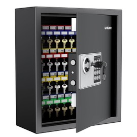 Uniclife 70 Position Key Cabinet with Combination & Key Lock Wall Mounted Key Organizer Resettable Black Digital Security Key Safe with Keypad Lock Adjustable Racks Colorful Key Tags & Permanent Pen