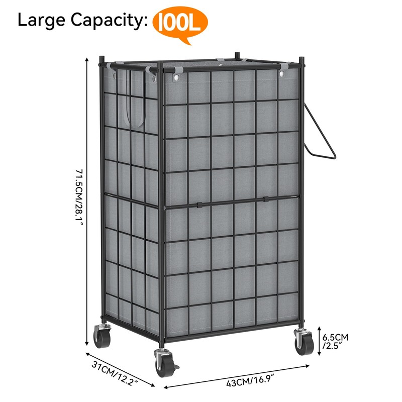 WOWLIVE Laundry Hamper with Wheels,Metal Wire Frame Rolling Laundry Basket