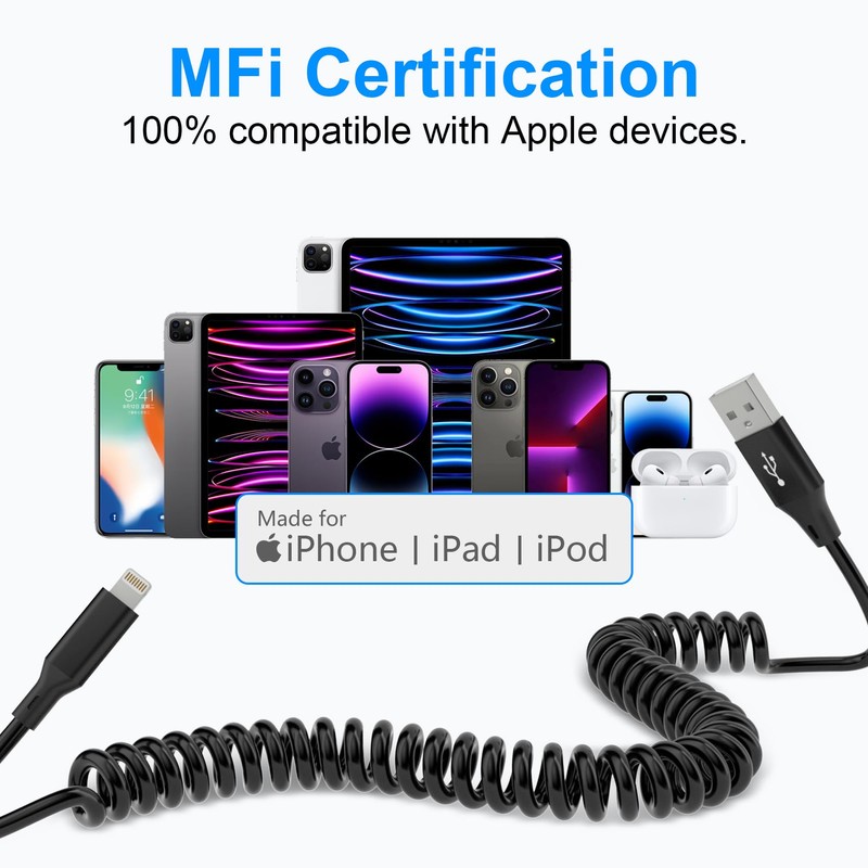 Coiled Lightning Cable 2 Pack, Apple Carplay Cable& MFi Certified,