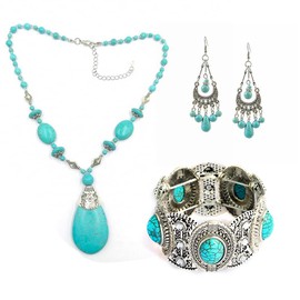Fuqimanman2020 3pcs Ethnic Simulation Turquoise Set Butterfly Pendant Necklace Bohemian Stretchable Beaded Bracelet Bangle Teardrop for Women Boho Jewelry-Teardrop