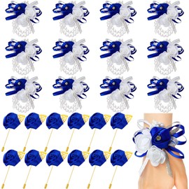 Tigeen 24 Pcs Wrist Corsage and Men's Boutonniere Set for Wedding Wristlet Corsage Hand Flower for Mother of Bride, Bridal, Bridesmaid Suit Decorations (Royal Blue)
