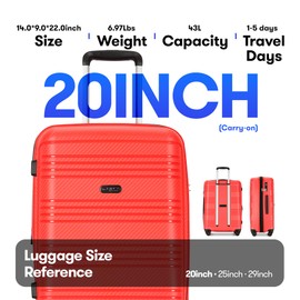 GinzaTravel 20 Inch Carry on Luggage 22x14x9 Airline Approved Hardside Suitcase with Spinner Wheels TSA Lock, 20-Inch, Red